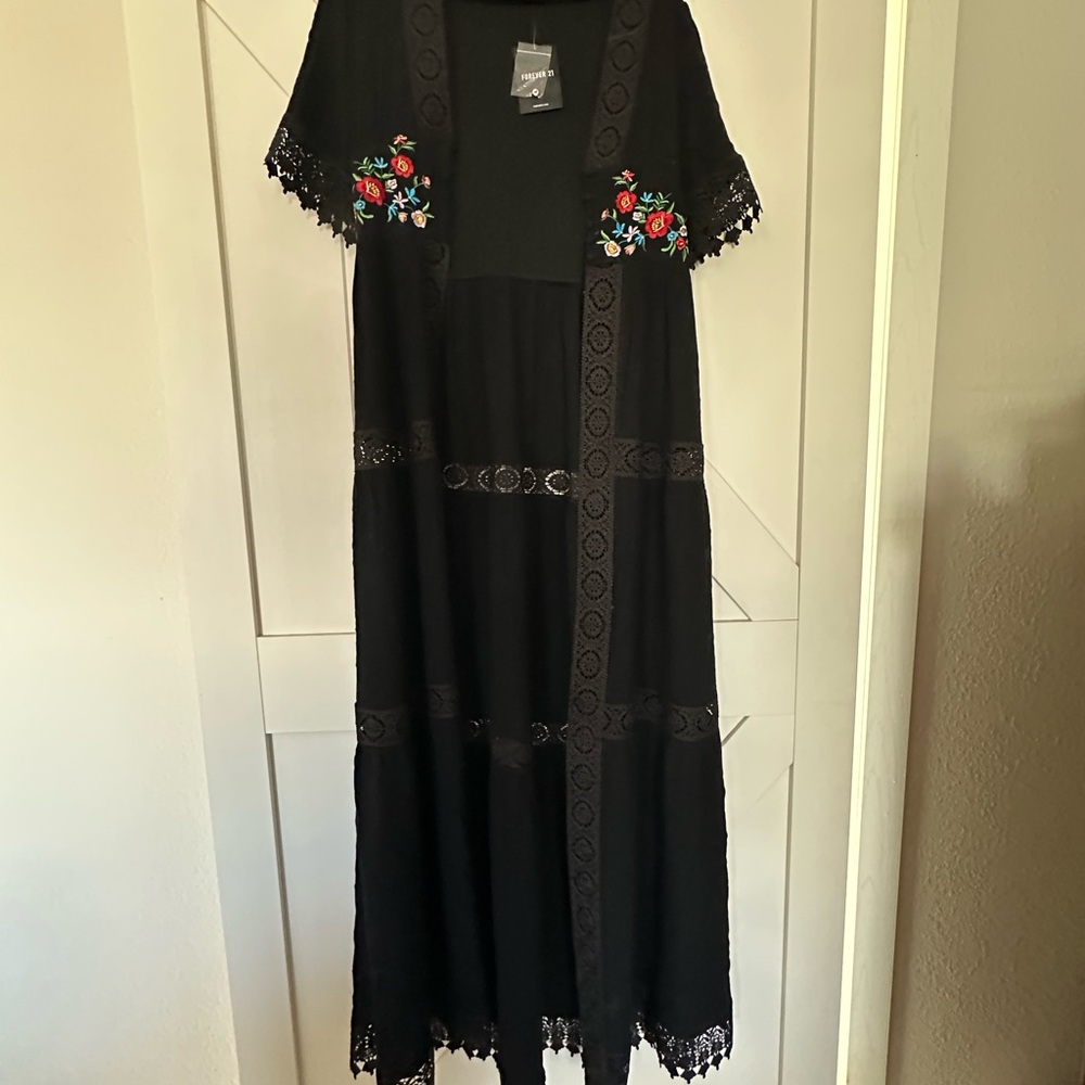 Forever 21 Black Maxi Duster with Floral Embroidery